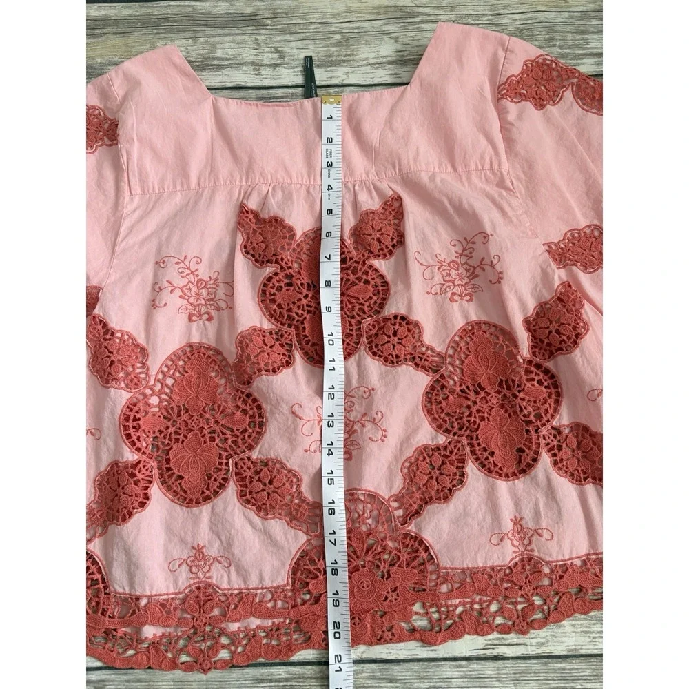 Anthropologie Cotton Puff-Sleeve Cutwork Blouse XL Peach